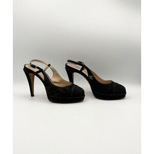 Chanel Black Suede Slingback Platform Cap Toe Heels Silver CC Logo Size EU 37.5